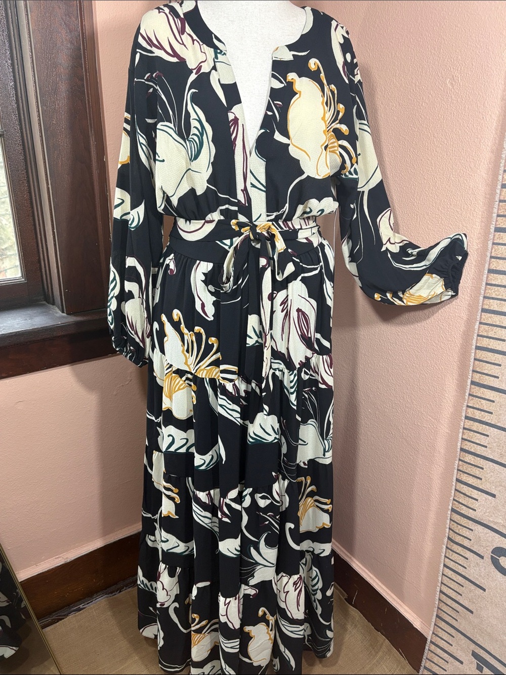 Premier Amour Black Floral Tie-Waist Maxi Dress Cream, Yellow, Teal Accents 10